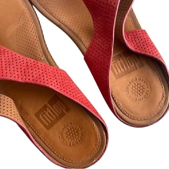 Fitflop Supercomff Women's Coral Red Leather Sandals size 7 - Picture 2 of 11